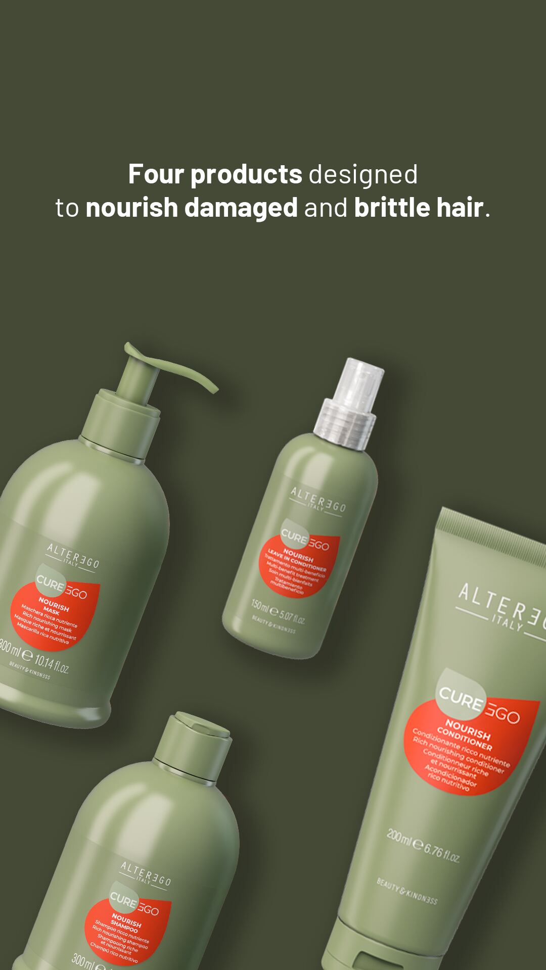 Four CurEgo Nourish products designed to nourish damaged and brittle hair