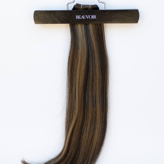 Genius (Micro) Weft 20" 80g Pro Blend Hair Extensions - #1B/2/6 Dark Chocolate Caramel (aka Piano Key Chocolate Drip)